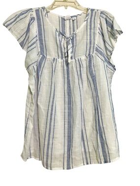 Gap White Blue Stripe Top Flutter Sleeves Tie at Neck Loose Fit Medium